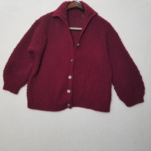 Vintage Knit Cardigan Sweater Burgundy Button Up Grandma Core Cozy‎